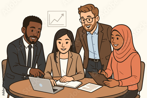 Diverse business team in a meeting. Multinational colleagues collaborating on a project. Teamwork and success concept with growth chart. Vector cartoon illustration of office life.