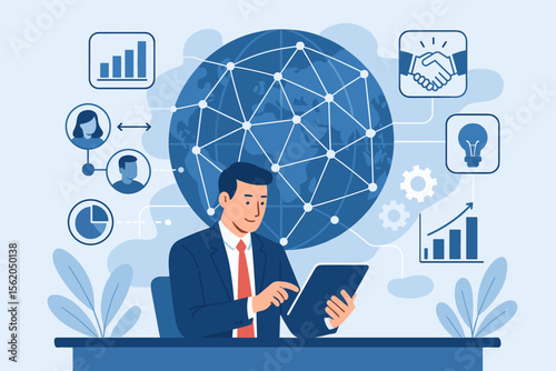 Businessman using tablet for global business network connection and data exchange. Concept of digital technology, investment analysis, planning, strategy, teamwork, and partnership.