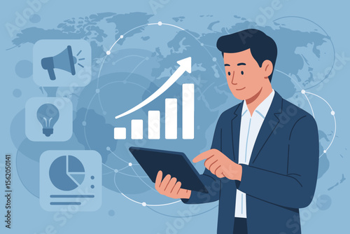 Digital marketing concept with a businessman using a tablet for data analysis. Global sales growth graph on interface. Marketing technology, content development strategy, and AI solution.