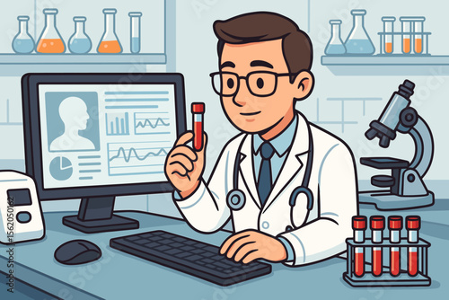 Doctor analyzing medical test results in a laboratory. Scientist holding a blood sample vial, working on a computer with patient data charts. Healthcare and medicine concept vector.