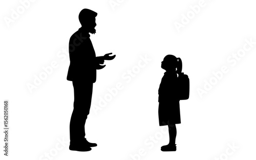 A silhouette of a father and daughter, likely before or after school, standing apart but interacting with conversation.