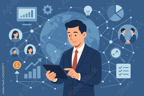 Businessman with tablet analyzing data for investment and global business strategy. Digital technology concept with network connection, teamwork, financial planning, and partnership.