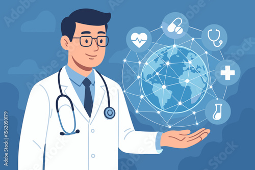 Doctor holding virtual globe with healthcare network. Medical technology and science innovation concept. Global digital health, telehealth services vector illustration with icons.