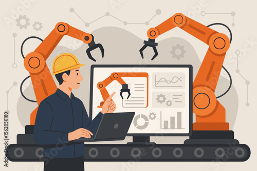 Engineer controls automatic robotic arms on a conveyor belt via laptop and monitoring software. Concept of smart factory, digital manufacturing, automation, and Industry 4.0 technology.