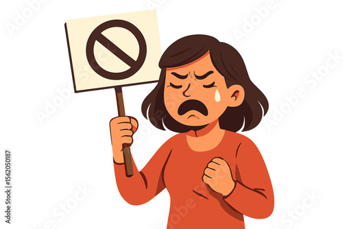 Woman protesting against violence, abuse and mistreatment. Emotional crying activist holding a stop sign. Vector concept of fighting for rights, domestic violence, harassment.