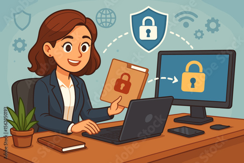 Businesswoman using secure internet connection for confidential file transfer and data protection. Concept of cybersecurity, encryption, VPN, and online information privacy.
