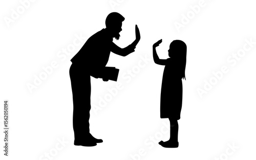 A simple, impactful silhouette of a father and daughter high-fiving against a pure white background.