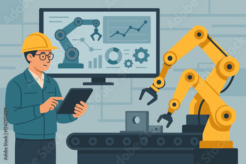 Engineer analyzing and controlling robotics automatic arm on conveyor belt. Smart factory, Industry 4.0 concept. Digital manufacturing operation with AI monitoring system software.