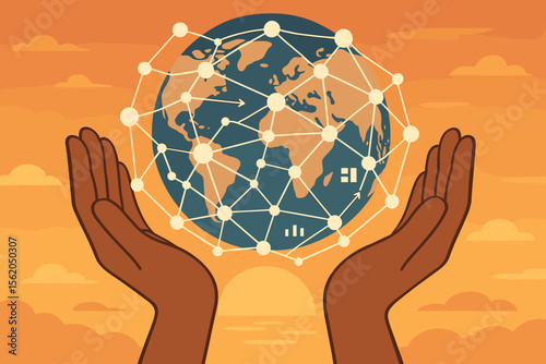 Diverse hands holding connected global network, data exchange, digital communication, world map, technology, unity, cooperation, sunset background, modern flat vector illustration