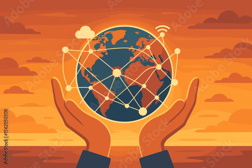 Global Connectivity Network in Hands at Sunset. Digital Data Exchange, Internet Communication, Cloud Computing, Wireless Technology, World Map, Modern Flat Vector Illustration, Globalization Concept