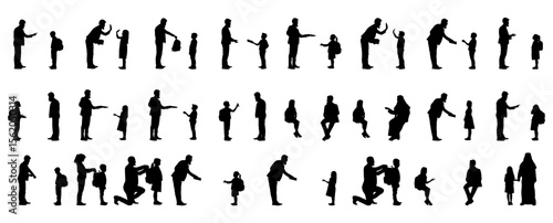 This stock image showcases a collection of black silhouettes depicting various family members (parents, children) interacting in a range of poses and activities. vector set