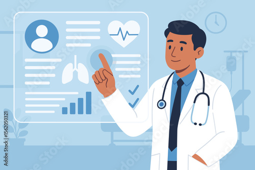 Medical doctor analyzing digital patient health records on futuristic touchscreen interface in hospital. Modern healthcare technology, electronic medical data, diagnosis, flat vector illustration