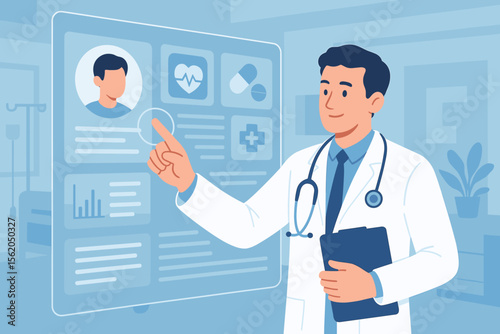 Modern healthcare technology concept. Doctor analyzing and interacting with digital electronic medical record, patient data, health information interface, hospital innovation, flat vector illustration