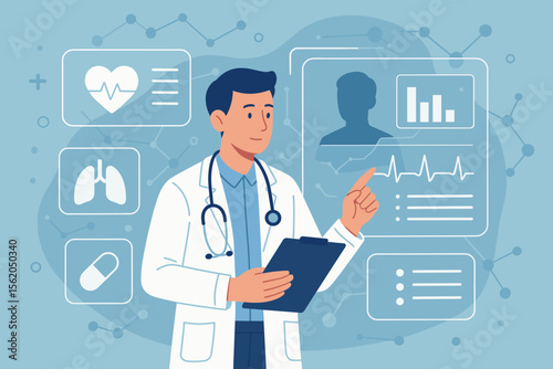 Medical doctor analyzing patient health data. Digital diagnosis, healthcare technology, electronic medical records, data visualization, telemedicine, virtual health report, clinical examination
