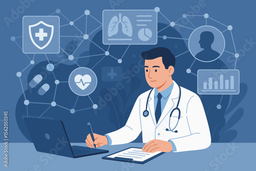 Medical doctor analyzing patient data, digital health records, diagnosis and research, healthcare technology, telemedicine, virtual interface, electronic medical report, medicine network