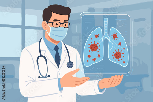 Doctor Diagnosing Human Lungs with Coronavirus Infection on Virtual Interface Screen, Covid-19 Medical Illustration, Hospital Healthcare Technology, Virus Spread, Respiratory Disease Concept