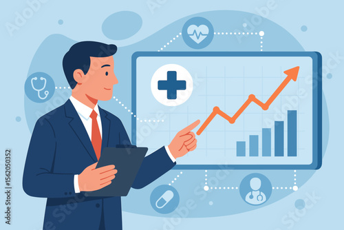Healthcare business growth analysis. Businessman in suit analyzing rising medical data graph with healthcare network icons, stethoscope, heart rate, pills. Modern flat vector illustration.