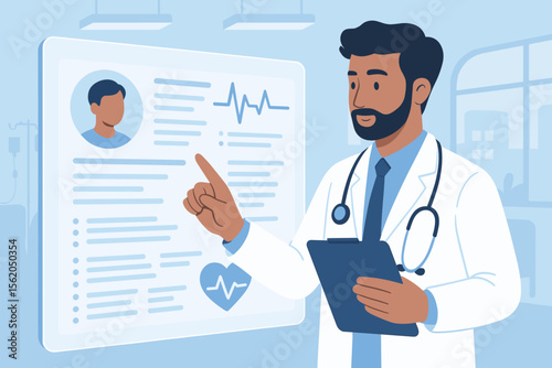 Modern healthcare technology concept. Doctor analyzing patient electronic medical records on digital interface in hospital. Medical data, diagnosis, stethoscope, clipboard. Flat vector illustration
