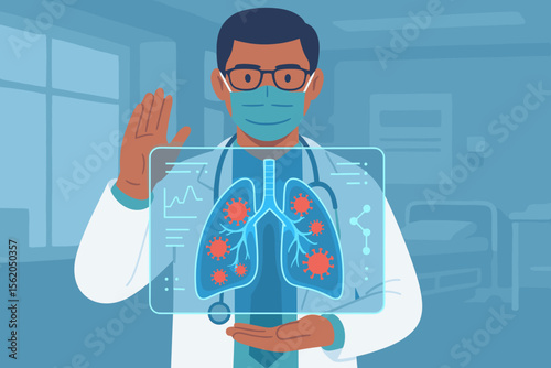 Doctor Diagnosing COVID-19 Infection in Human Lungs Using Futuristic Virtual Interface, Coronavirus Spread Visualization, Medical Technology in Hospital, Healthcare and Respiratory Disease Concept