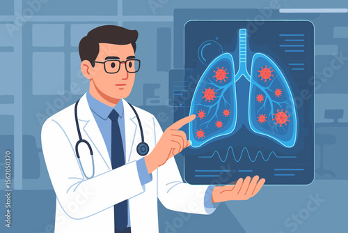 Doctor analyzing digital lungs with coronavirus infection, Covid-19 medical diagnosis, healthcare technology, virtual interface, respiratory disease, hospital background, stethoscope, virus spread