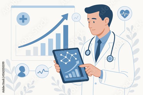 Healthcare business growth graph and medical data analysis, doctor examining patient report with network connection on digital tablet, modern flat vector cartoon illustration