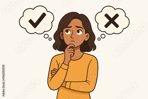 Decision Making Concept Vector Illustration. Woman Thinking with Check Mark and Cross in Thought Bubbles. Choice, Dilemma, Right and Wrong, Problem Solving, Critical Thinking, Mental Process, Options