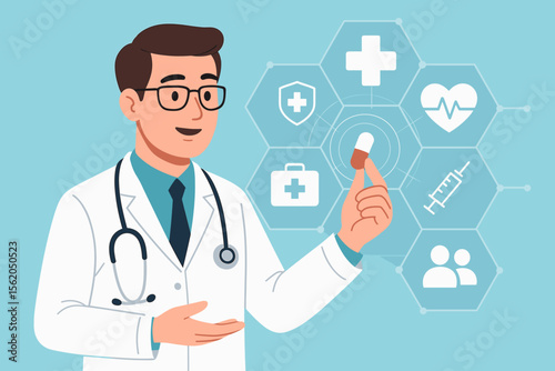 Male doctor holding capsule pill, modern healthcare technology concept, medical research and diagnosis, digital medicine icons, stethoscope, flat cartoon vector illustration