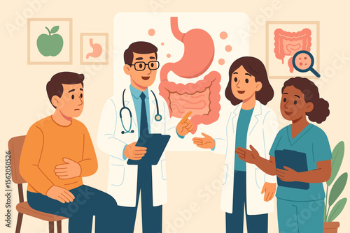 Gastroenterology consultation with doctors and patient. Digestive health advice, stomach and intestine anatomy, medical team discussion, healthcare clinic, gastrointestinal disease diagnosis concept
