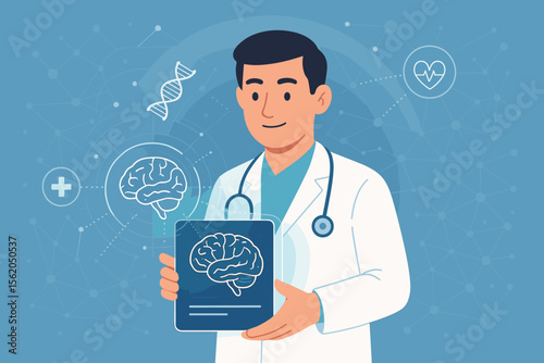 Doctor holding digital tablet with brain scan results, DNA strand, medical network, digital healthcare technology, neurology, electronic health record, futuristic science concept