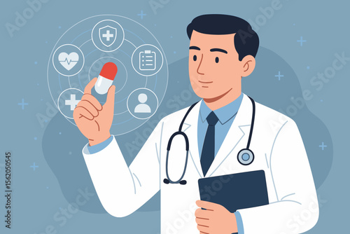 Medical doctor holding capsule pill with stethoscope and clipboard, healthcare icons on hologram interface, modern flat vector illustration, medicine research, diagnosis, treatment, health technology