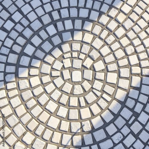 Spiral mosaic pattern of white square tiles in artistic stone pavement