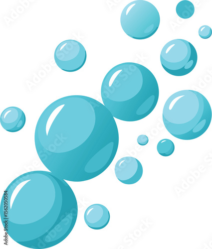 Bright blue bubbles floating upwards against a clean white background