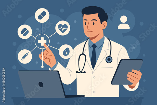 Digital healthcare technology concept. Male doctor using laptop and tablet with virtual medical network interface, healthcare icons, telemedicine, online consultation, modern medicine innovation