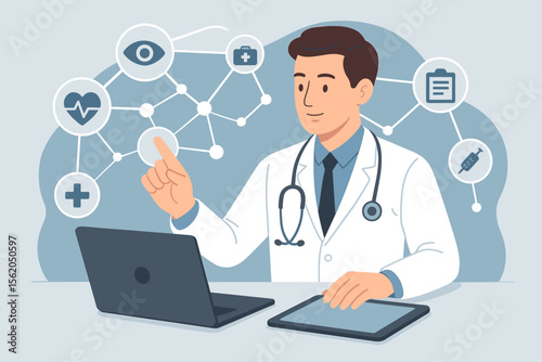 Medical technology network concept. Doctor using laptop and tablet with digital healthcare icons. Telemedicine, online consultation, electronic health records, virtual care, modern hospital interface