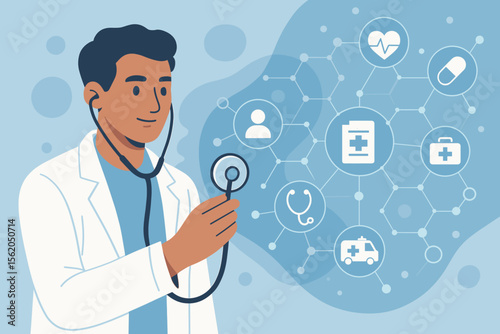 Medical doctor with stethoscope holding healthcare network icons. Digital medicine, telemedicine, health technology, pandemic awareness, patient treatment, AI healthcare innovation concept