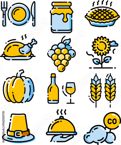 Harvest Abundance Thanksgiving Icons, Autumnal Food & Nature Elements