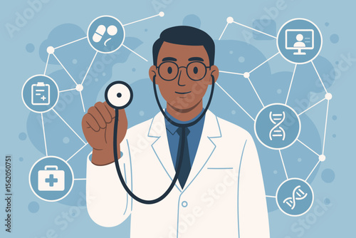 Medical doctor with stethoscope connecting to digital healthcare network. Modern medicine, telemedicine, AI, pandemic awareness, health technology, treatment icons, patient care, innovation