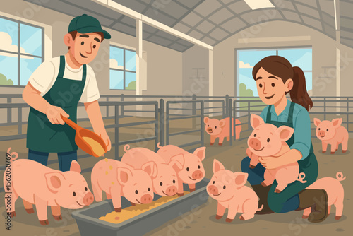 Cartoon vector illustration of modern pig farm interior with farmers feeding and caring for healthy pink piglets, agriculture livestock husbandry, rural barn, animal farming, teamwork concept