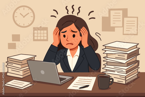Stressed businesswoman overwhelmed at office desk with paperwork, laptop, coffee, deadlines, anxiety, burnout, time pressure, stress management, corporate workplace overload vector illustration