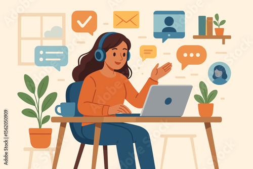 Remote work woman multitasking at home office, online communication, virtual meeting, task management, digital collaboration, laptop, headphones, modern workspace, productivity concept vector