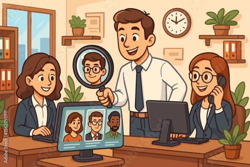 Recruitment agency office team searching for top job candidate, HR professionals reviewing resumes, interviewing applicants, talent selection process, human resources cartoon vector illustration