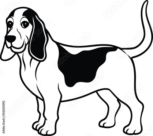 Cute Basset Hound Cartoon Vector Illustration with Floppy Ears and Outline Style, Basset Hound Clipart Vector, Funny Hound Dog Drawing, Floppy Ear Dog Cartoon