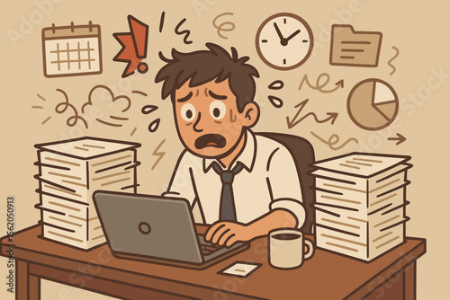 Stressed office worker overwhelmed by paperwork and deadlines. Cartoon vector illustration of anxiety, burnout, time pressure, multitasking, workplace stress, business overload, corporate job fatigue