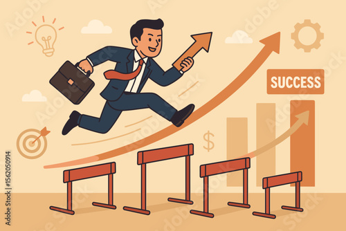 Business Success Concept. Businessman Jumping Over Hurdles. Overcoming Obstacles. Achieving Goals. Growth Arrow. Motivation. Leadership. Career Progress. Ambition. Target. Vector Illustration