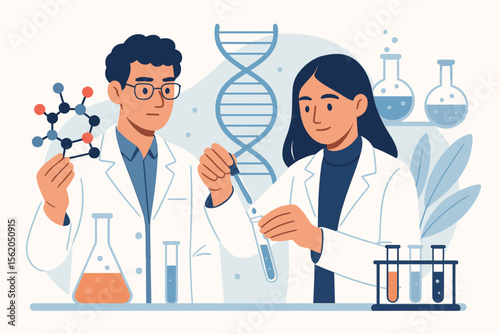 Scientists conducting laboratory experiments with molecule model, DNA helix, chemical liquids, test tubes, teamwork research, biotechnology, chemistry, scientific analysis, medical innovation