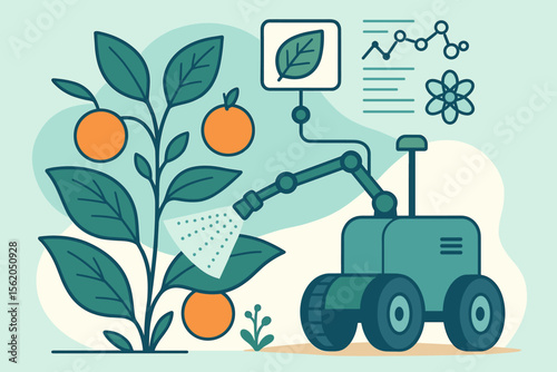 Smart Agricultural Robot Analyzing Leaf Health Spraying Foliar Fertilizer Pollinating Fruit Plants Precision Farming Technology Modern Flat Vector Science Data Analysis Automation
