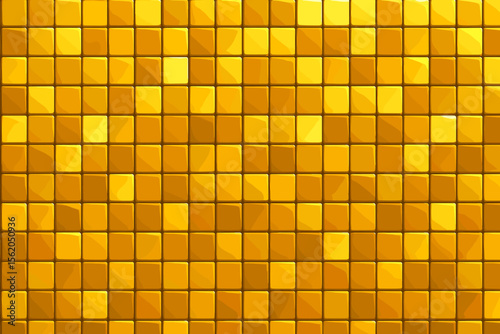Shiny Golden Mosaic Tile Seamless Pattern. Luxurious Glass Squares Background. Modern Geometric Abstract Texture. Yellow Gold Reflective Surface. Decorative Interior Wall Design. Vector Illustration