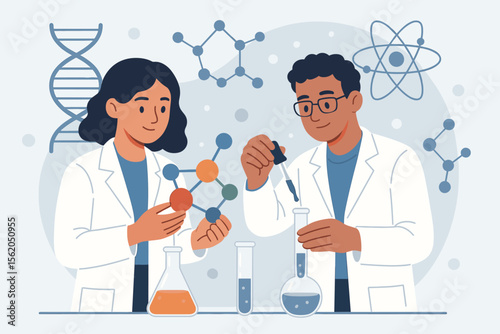 Scientists conducting chemistry experiment in laboratory, analyzing molecular structure, using pipette with chemical liquids, teamwork in science research, DNA, atom, molecule, education concept
