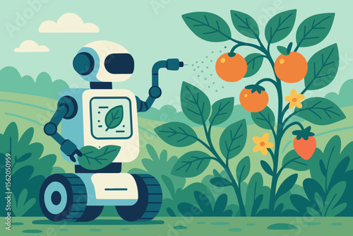 Futuristic agriculture robot analyzing leaves, spraying foliar fertilizer, pollinating fruit and vegetable plants, smart farming technology, eco-friendly crop care, modern cartoon vector