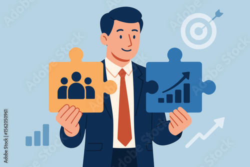 Business teamwork partnership concept. Businessman holding jigsaw puzzle pieces with team and growth icons. Collaboration, unity, cooperation, strategy, leadership, target, business development.